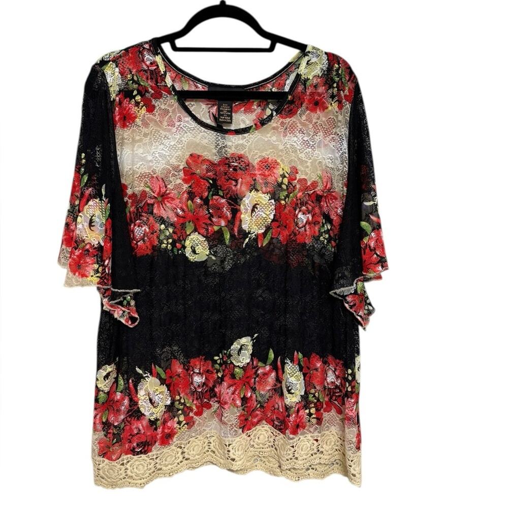 NEW Rain Semi Sheer Mesh Floral Lace Boho Western Blouse - Size 2X